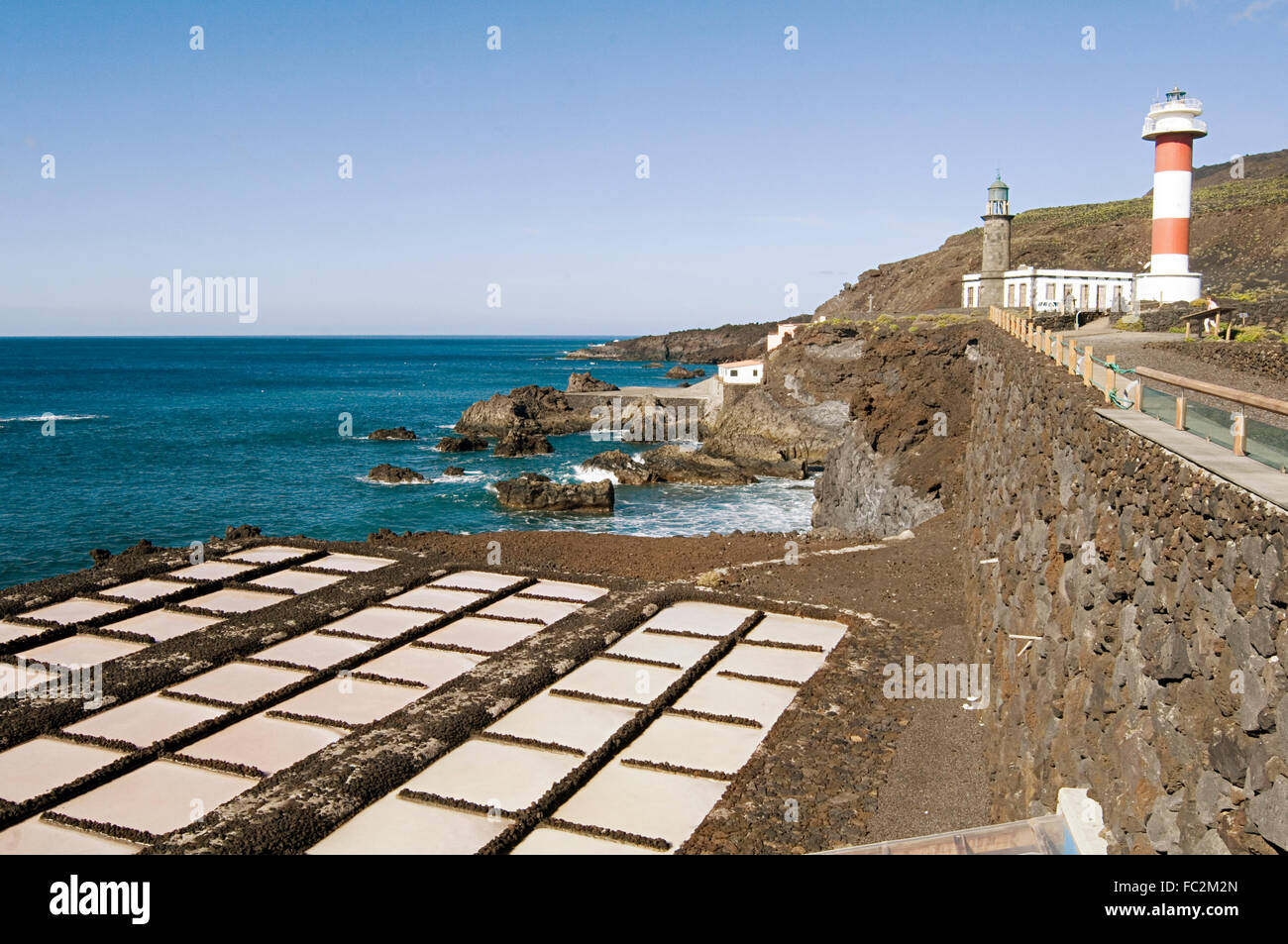 salt pans pan Fuencaliente southernmost point of La Palma canary islands canaries isles evaporation sea water built in 1967 Stock Photo