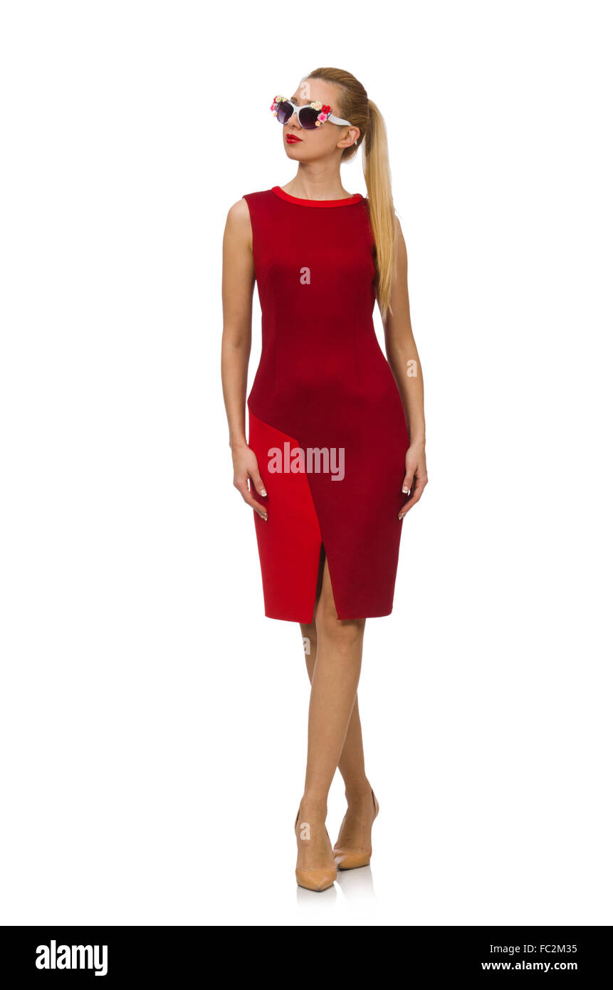 Pretty young woman in red dress isolated on white Stock Photo - Alamy
