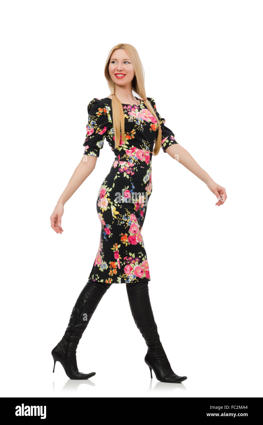 Cute blonde girl in floral dress isolated on white Stock Photo - Alamy