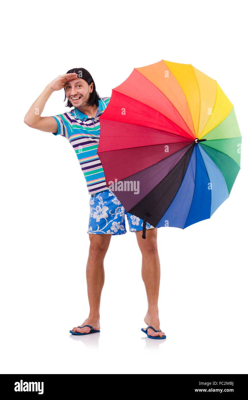 Positive man with colorful umbrella isolated on white Stock Photo - Alamy