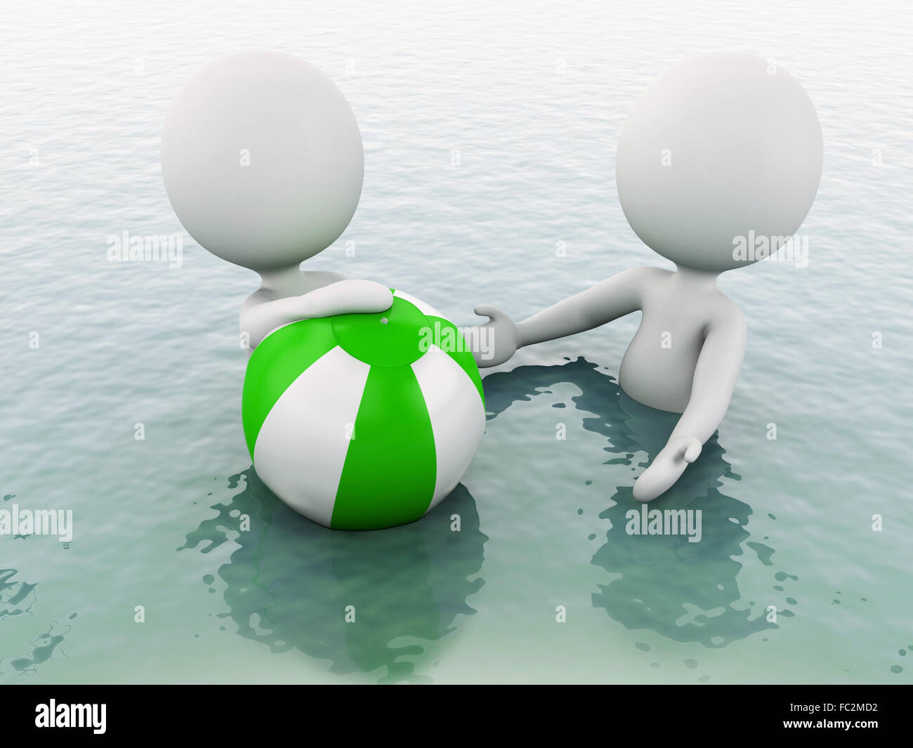 3d white people with beach ball in water. Stock Photo