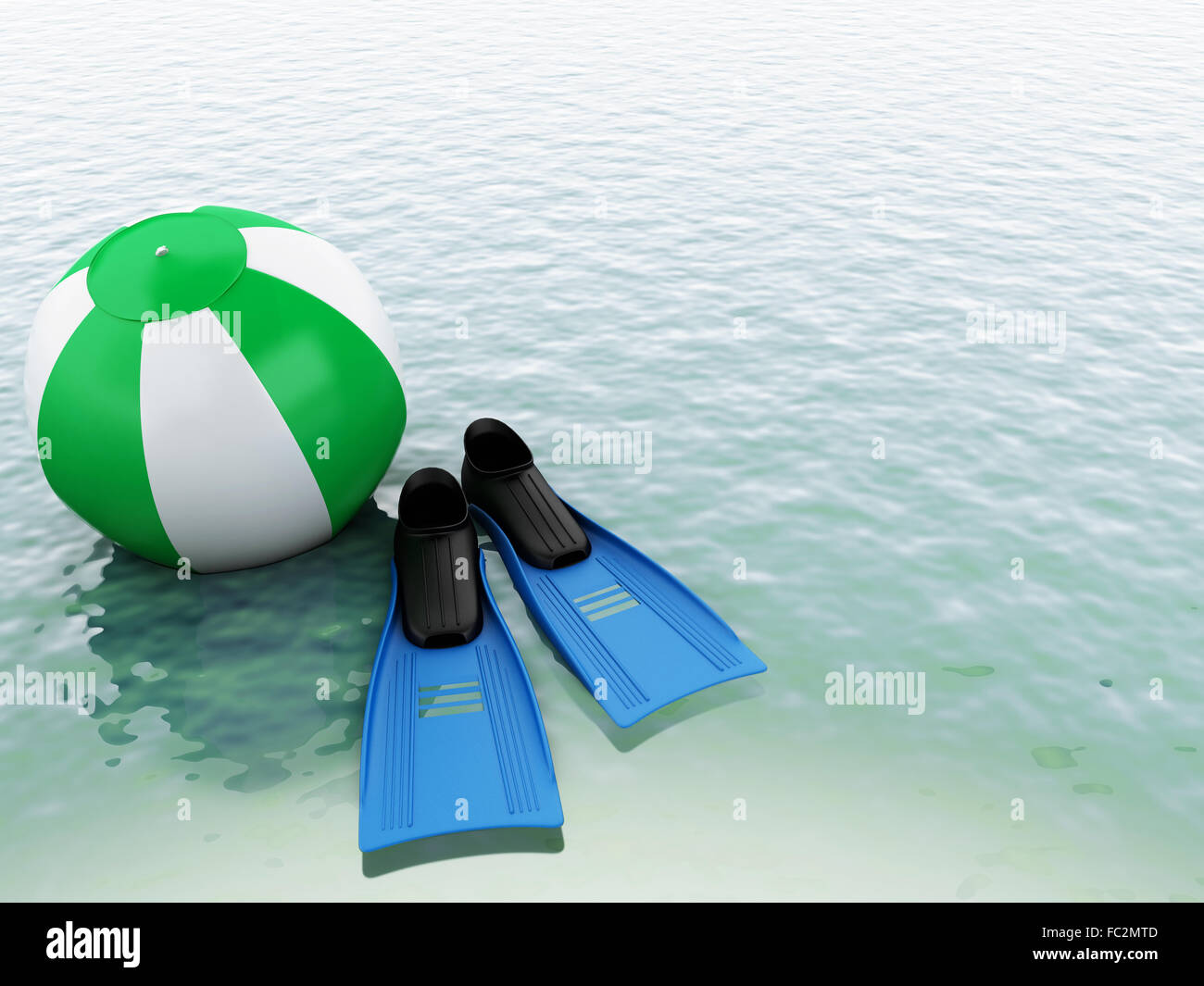 blue water with beach ball and swimming equipment Stock Photo