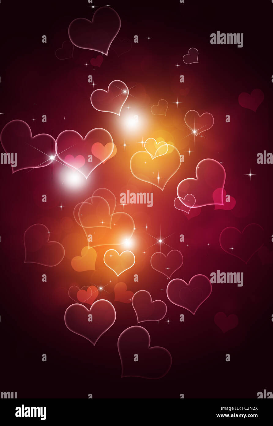 golden abstract holiday valentine background bokeh hearts and lights Stock Photo