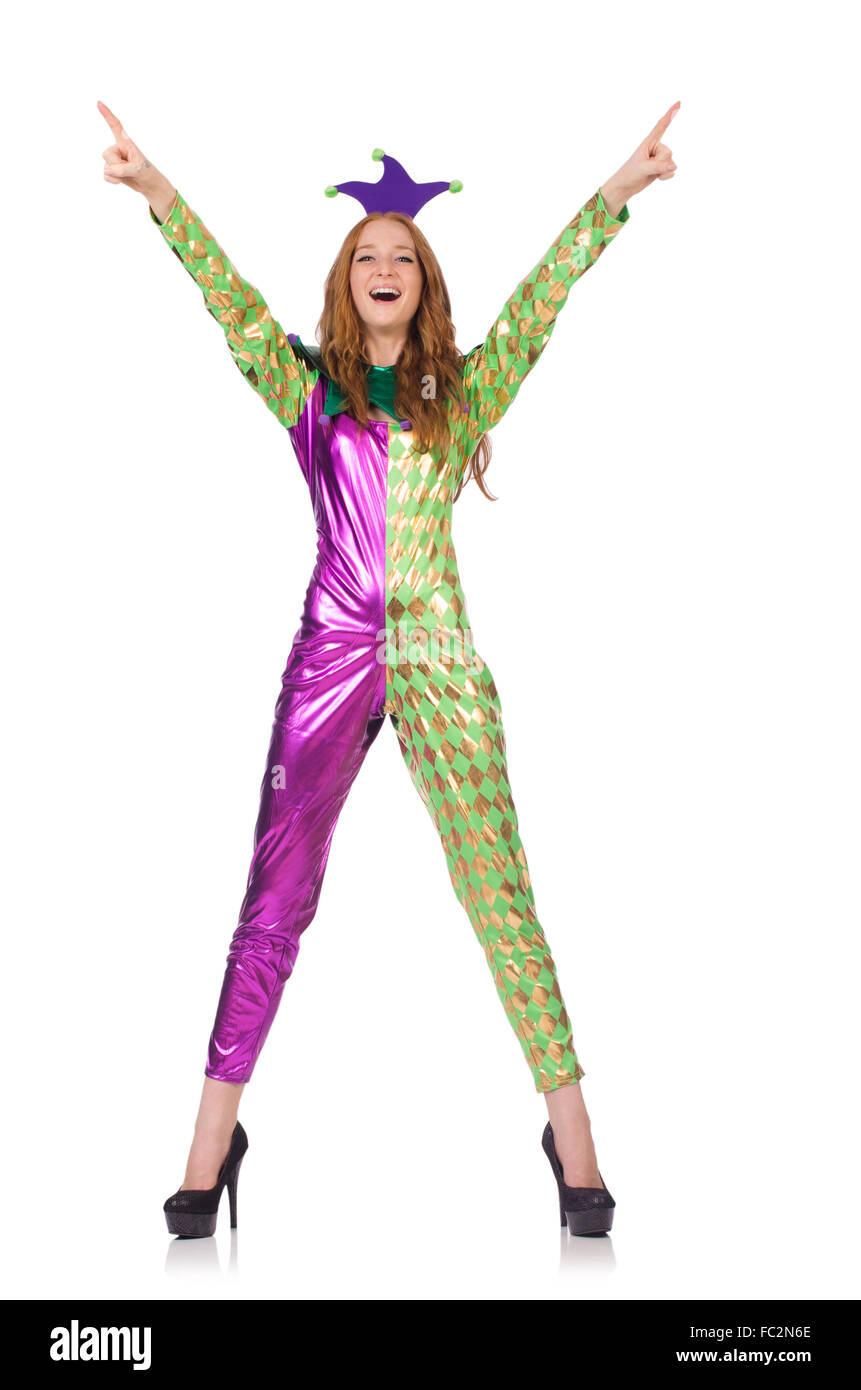 Woman wearing clown costume isolated on white Stock Photo - Alamy