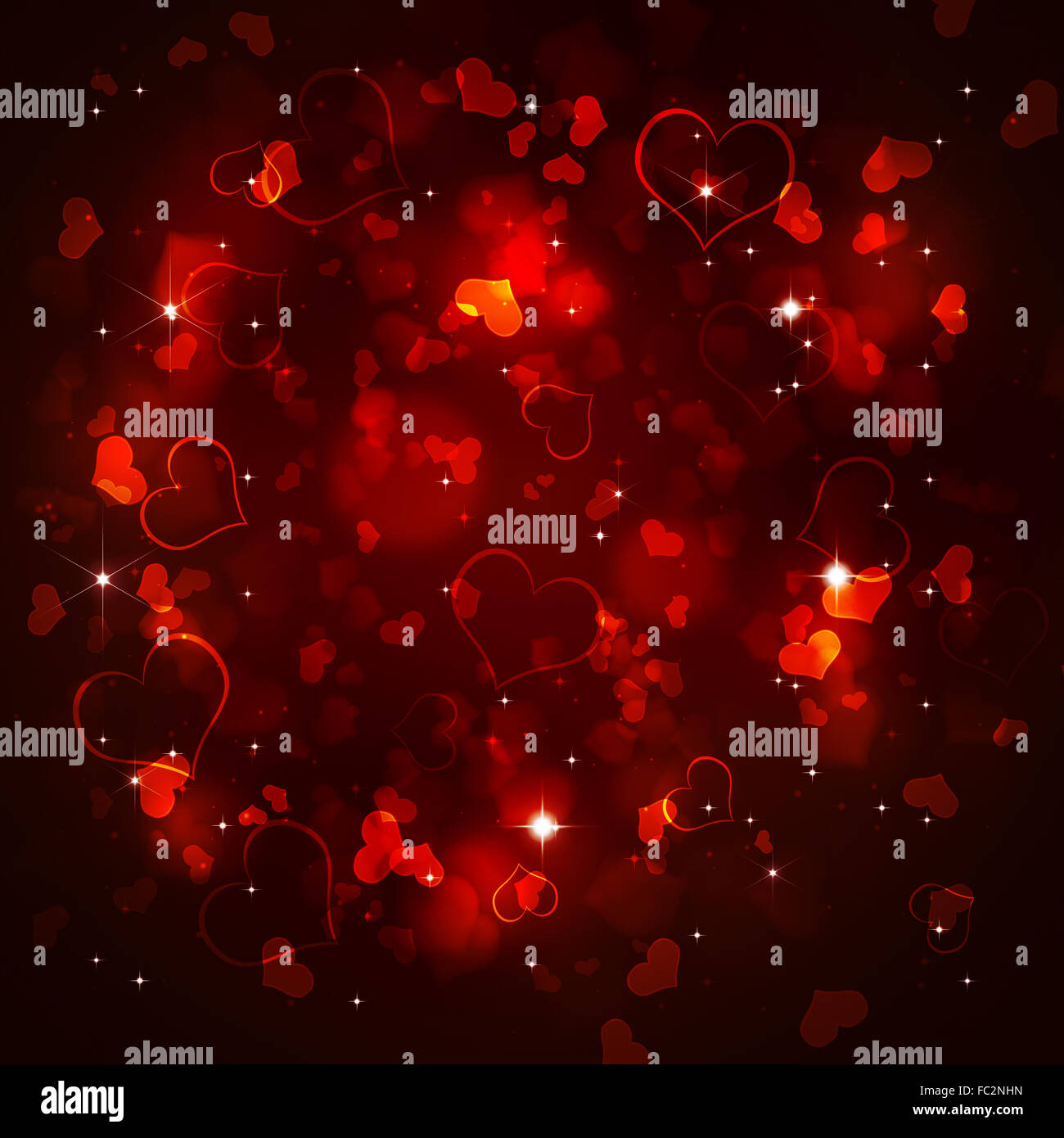 dark valentine background with blurry hearts and lights Stock Photo