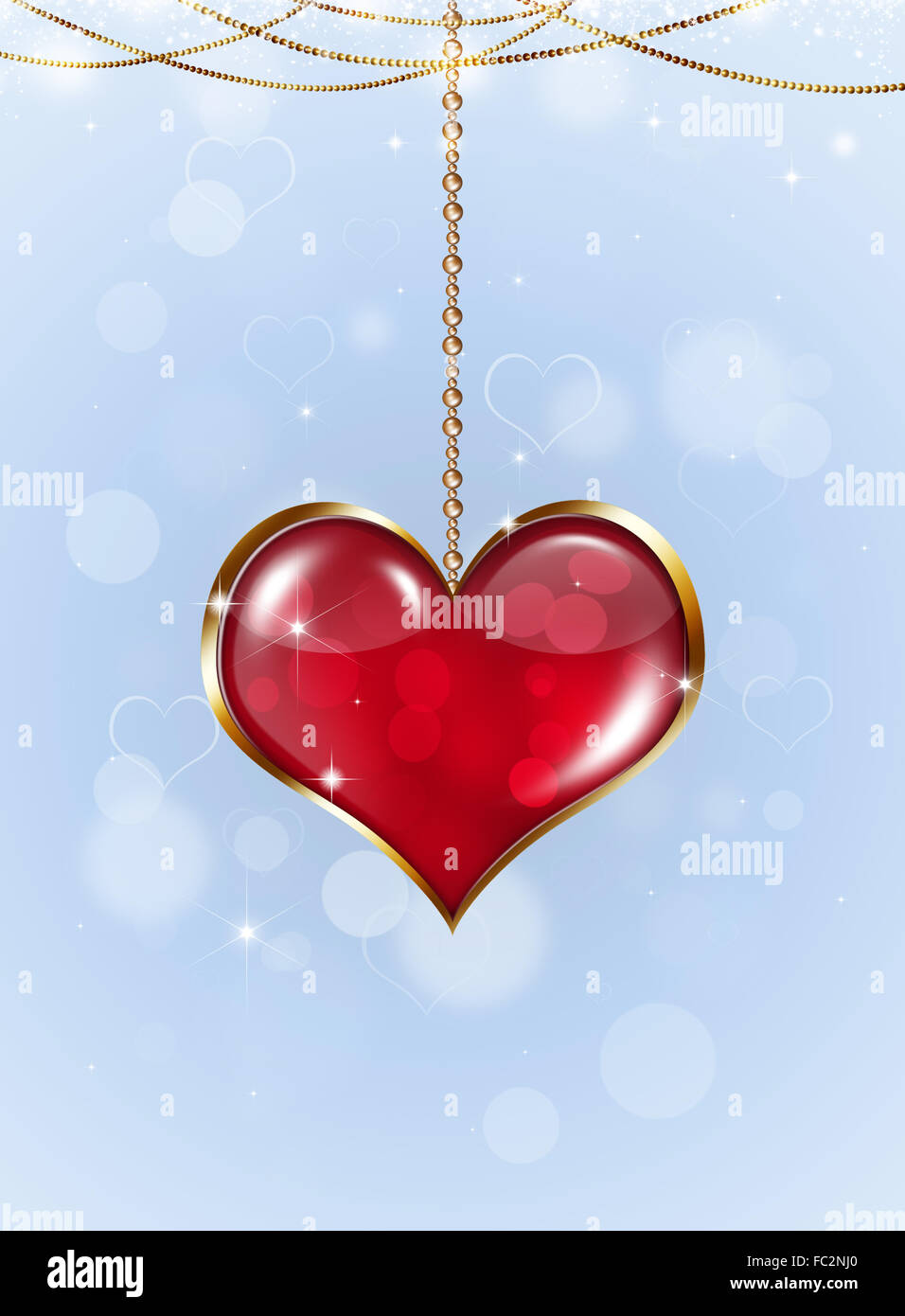 valentine golden heart on bright holiday background with stars and blurry lights Stock Photo