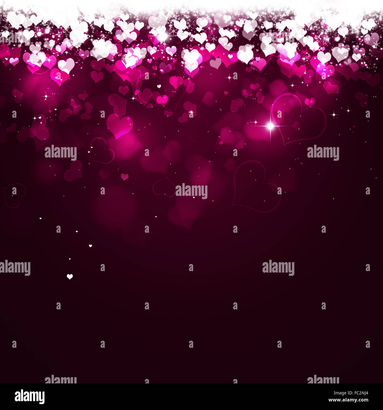 bright Valentine day background with blurry falling hearts and lights Stock Photo