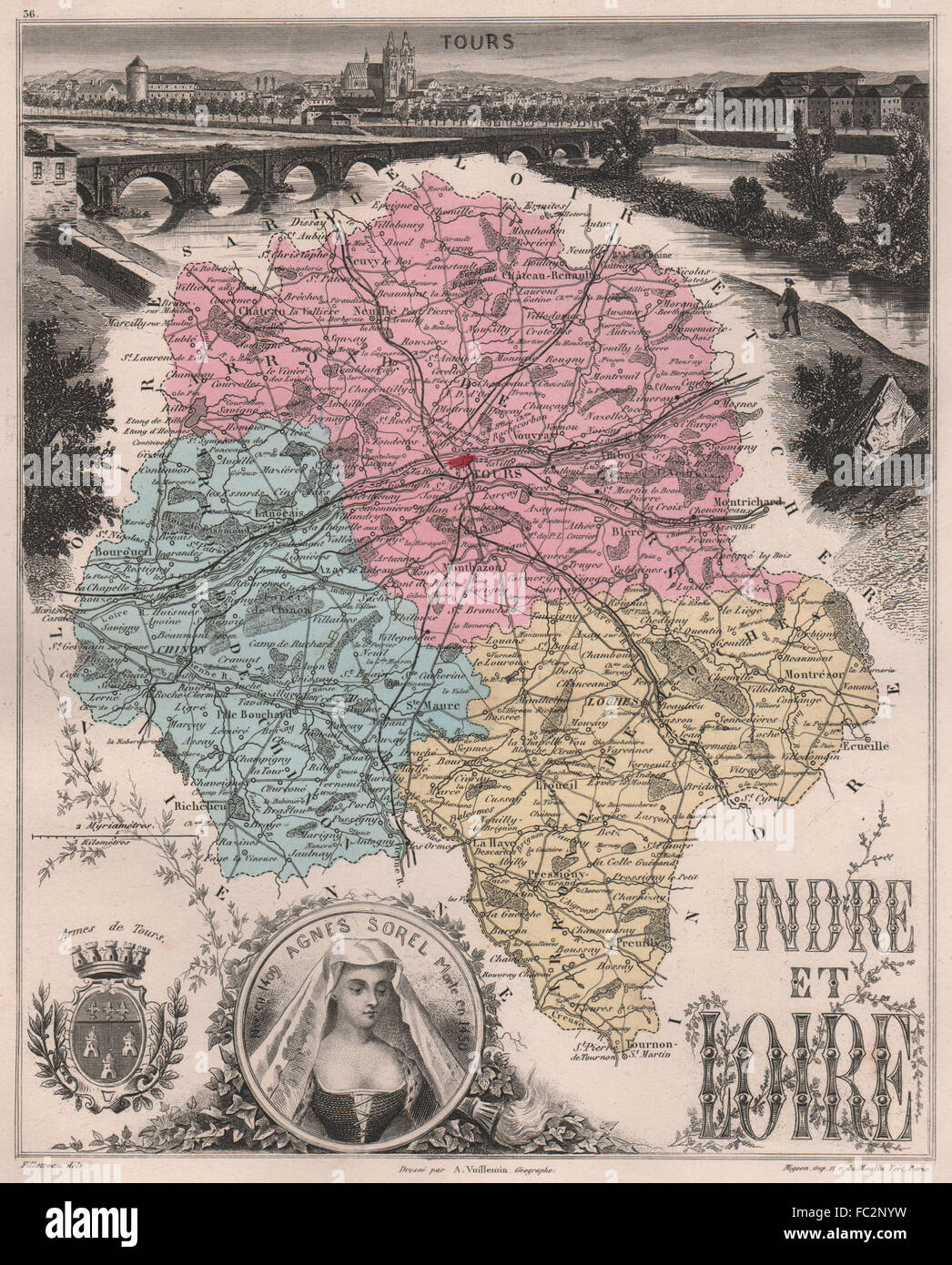 INDRE-ET-LOIRE. Département. Tours. Agnes Sorel. VUILLEMIN, 1879 antique map Stock Photo