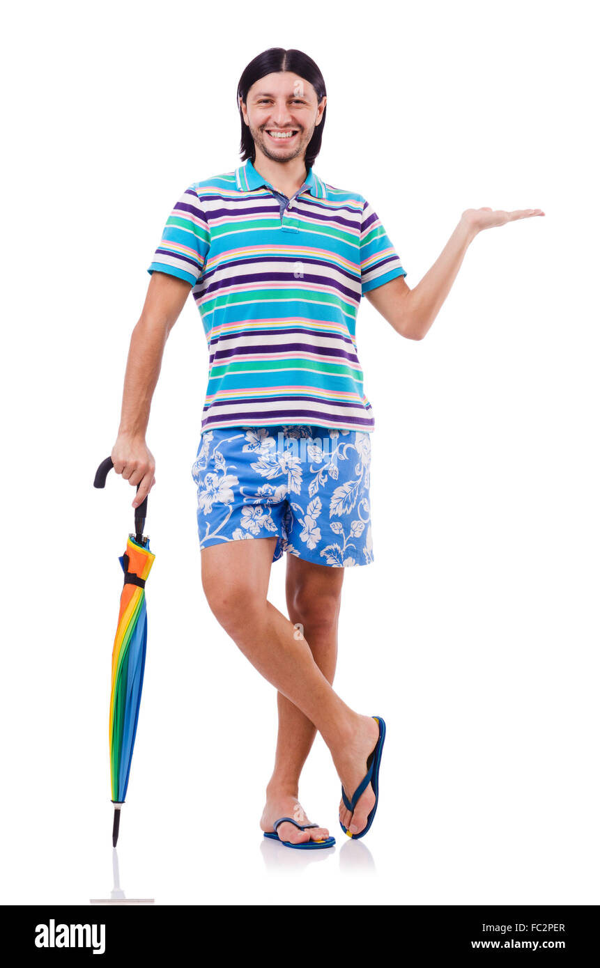 Positive man with colorful umbrella isolated on white Stock Photo - Alamy