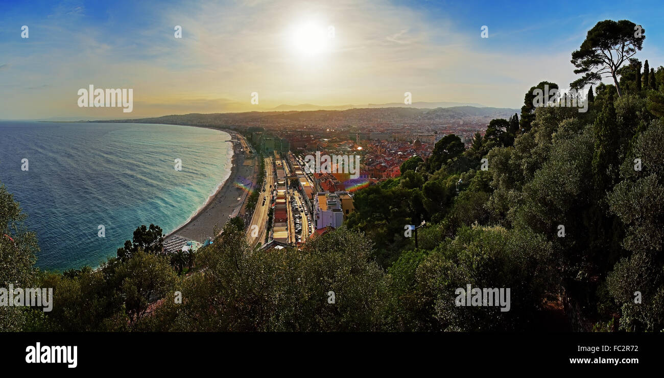 Sunset over the Baie des Anges in Nice Stock Photo