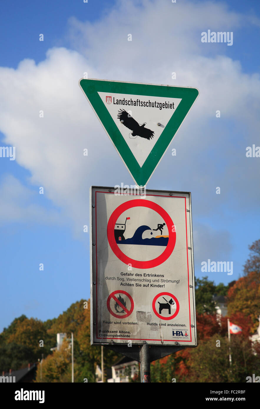 Warning sign at Elbe river, Oevelgoenne, Hamburg, Germany, Europe Stock Photo