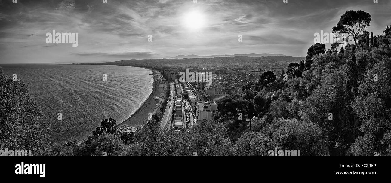 Sunset over the Baie des Anges in Nice Stock Photo