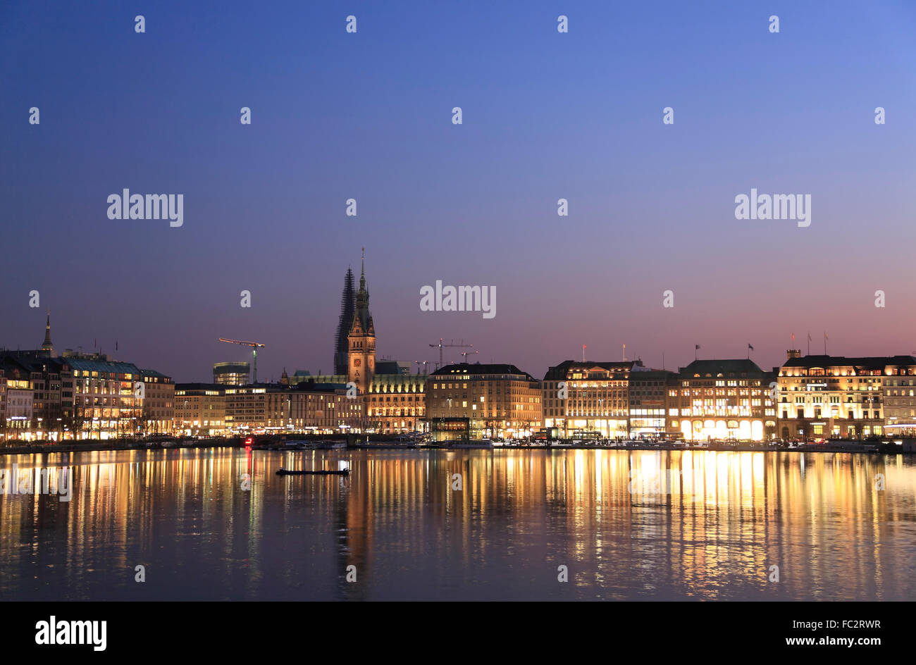 Evening View across lake Alster (Binnenalster) to Hamburg City, Germany, Europe Stock Photo