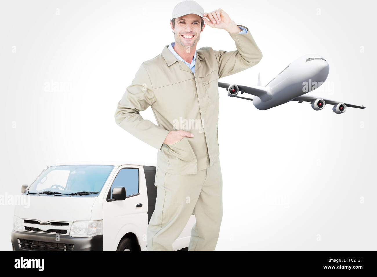 Composite image of happy delivery man holding cap Stock Photo