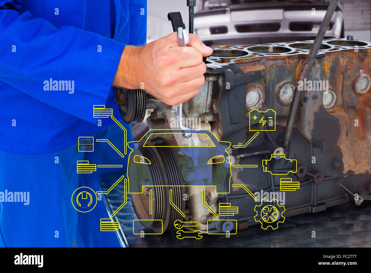 Composite image of male mechanic repairing car engine Stock Photo - Alamy