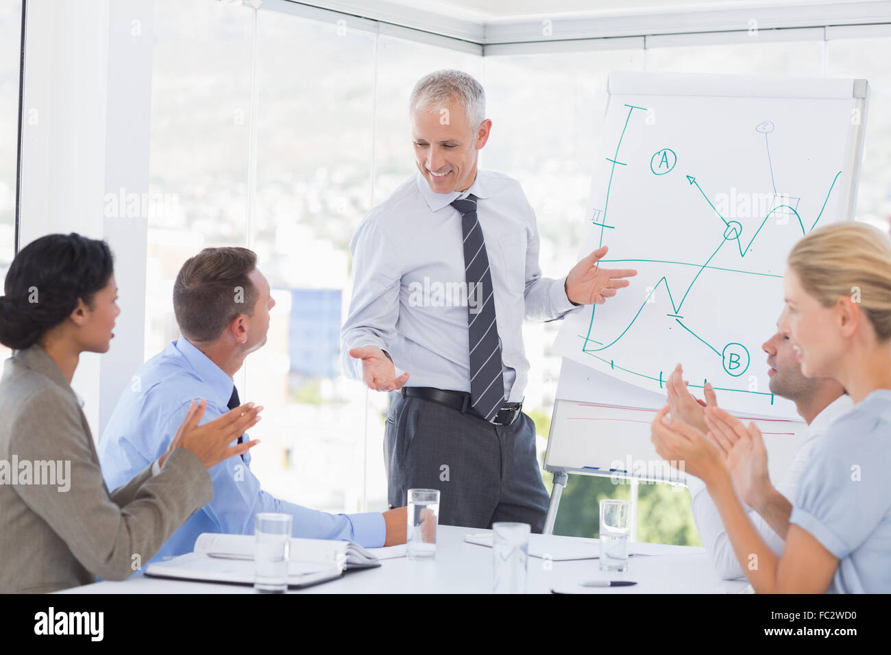 Businessman explaining the graph on the whiteboard Stock Photo - Alamy