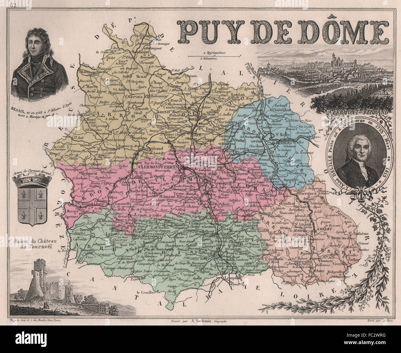 PUY-DE-DÔME. Département. Clermont-Ferrand. Desaix. Delille. VUILLEMIN, 1879 map Stock Photo