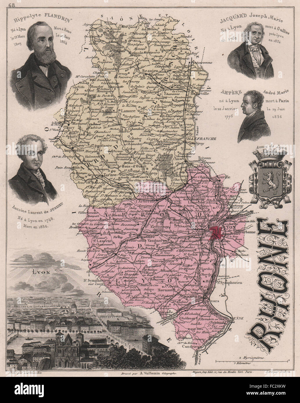 RHÔNE. Département. Lyon. Flandrin. Jacquard. Ampere. VUILLEMIN, 1879 old map Stock Photo