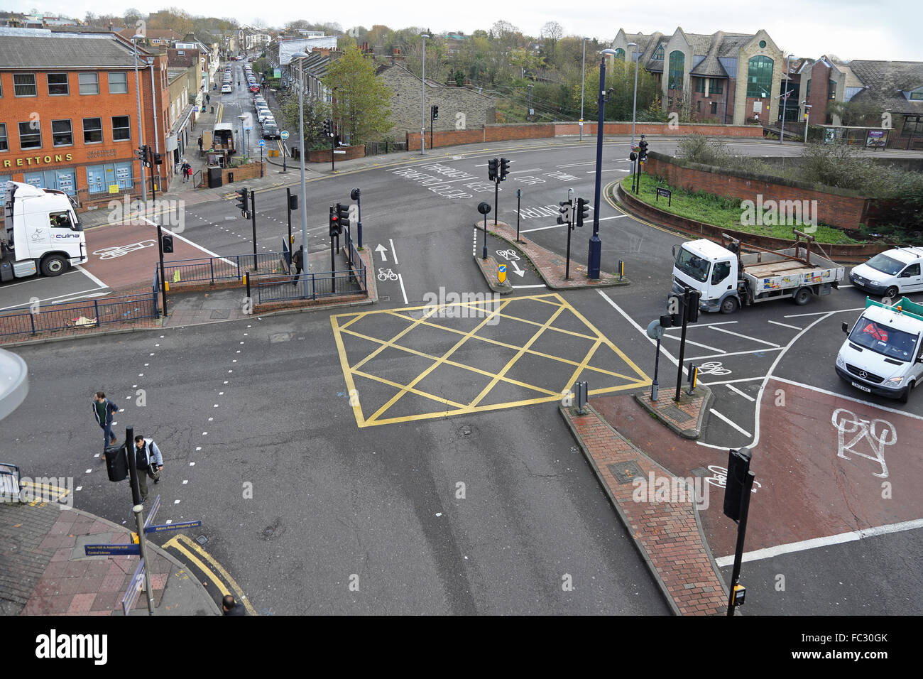 High level view of the Walthamstow Central gyratory system in North East London, UK. Shows box junction and cycle zones. Stock Photo