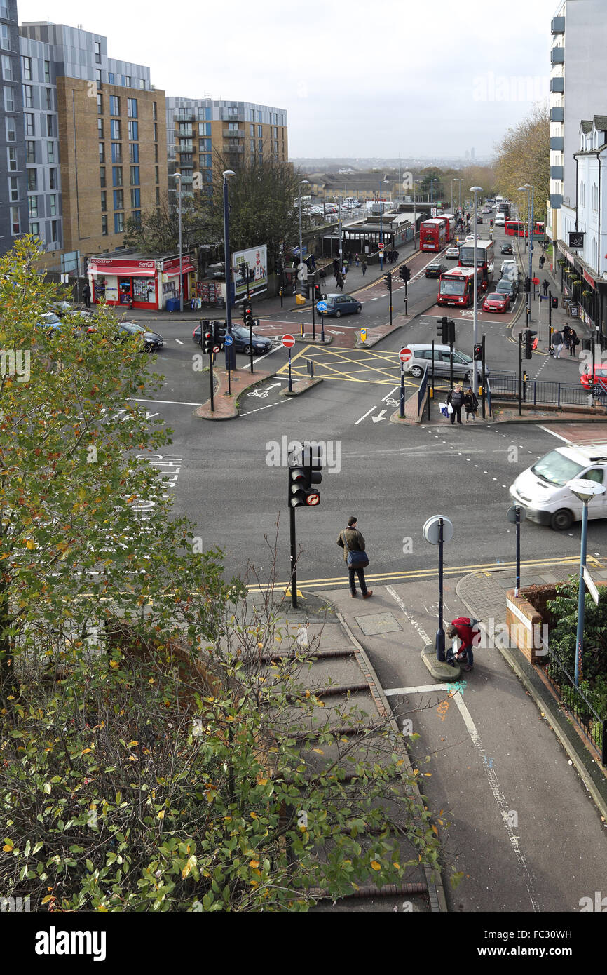 High level view of the junction between Hoe Street and Selbourne Road at Walthamstow Central in North East London, UK Stock Photo