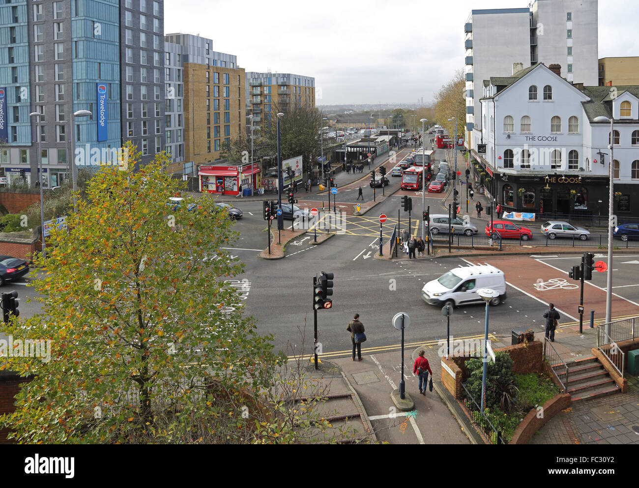 High level view of the complex junction between Hoe Street and Selbourne Road at Walthamstow Central in North East London, UK Stock Photo