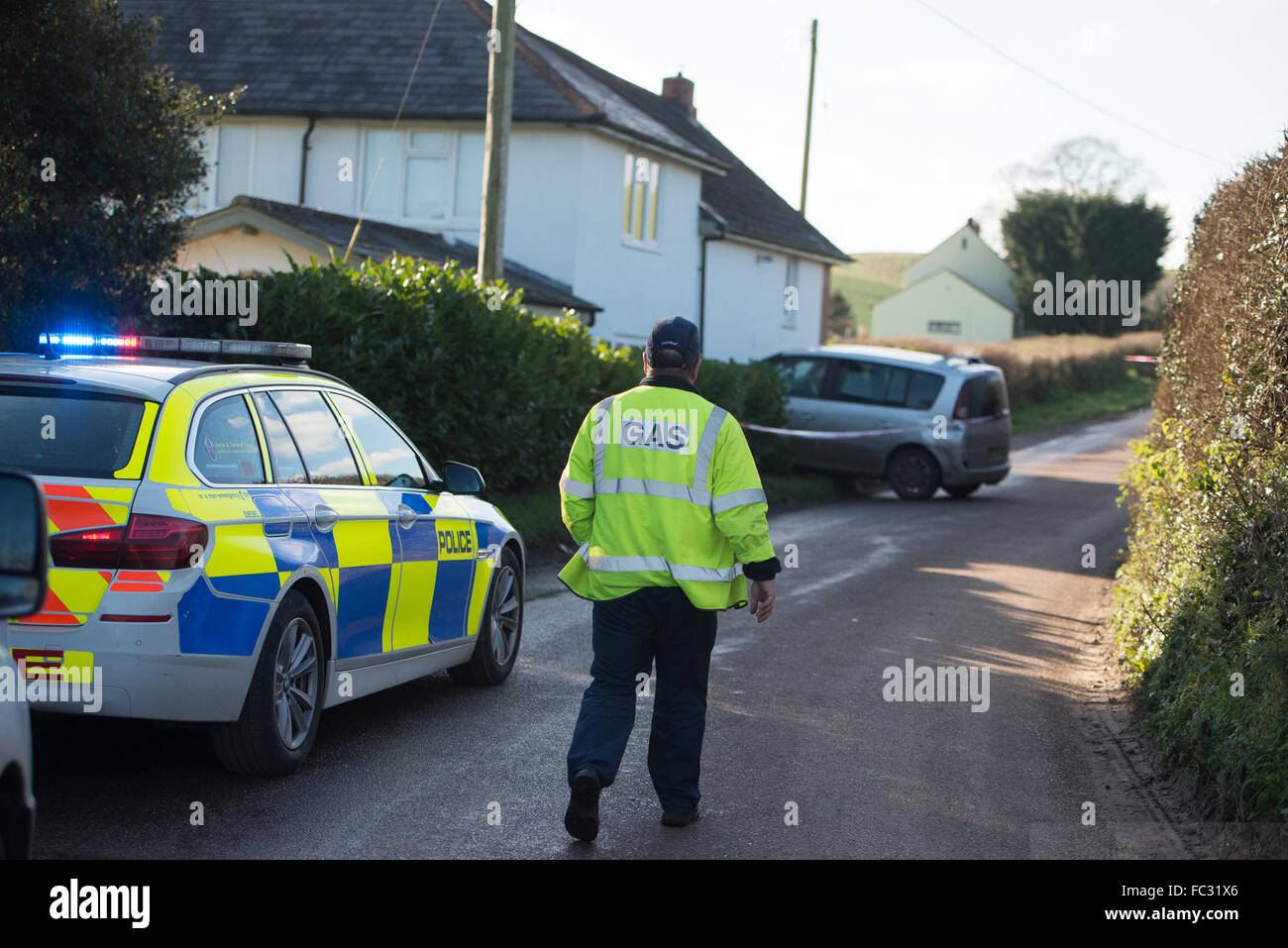 Ottery St Mary, Devon, UK. 20th January, 2016. Icy winter weather - causes dramatic vehicle collison - Near Ottery St mary, East Devon, UK.  Car Crashes into House - Fluxon, Ottery St Mary, Devon.    A Renault Scenic has come of the road at Fluxton, nr Ottery St Mary ,East Devon this morning, and crashed into the side of Apple cottage. Credit:  camerafirm/Alamy Live News Stock Photo