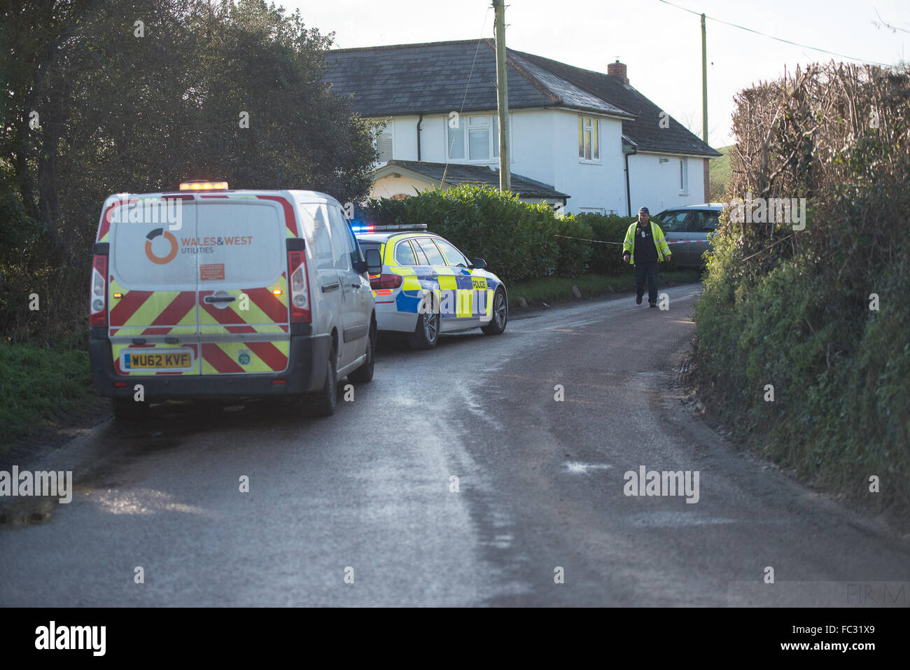 Ottery St Mary, Devon, UK. 20th January, 2016. Icy winter weather - causes dramatic vehicle collison - Near Ottery St mary, East Devon, UK.  Car Crashes into House - Fluxon, Ottery St Mary, Devon.    A Renault Scenic has come of the road at Fluxton, nr Ottery St Mary ,East Devon this morning, and crashed into the side of Apple cottage. Credit:  camerafirm/Alamy Live News Stock Photo