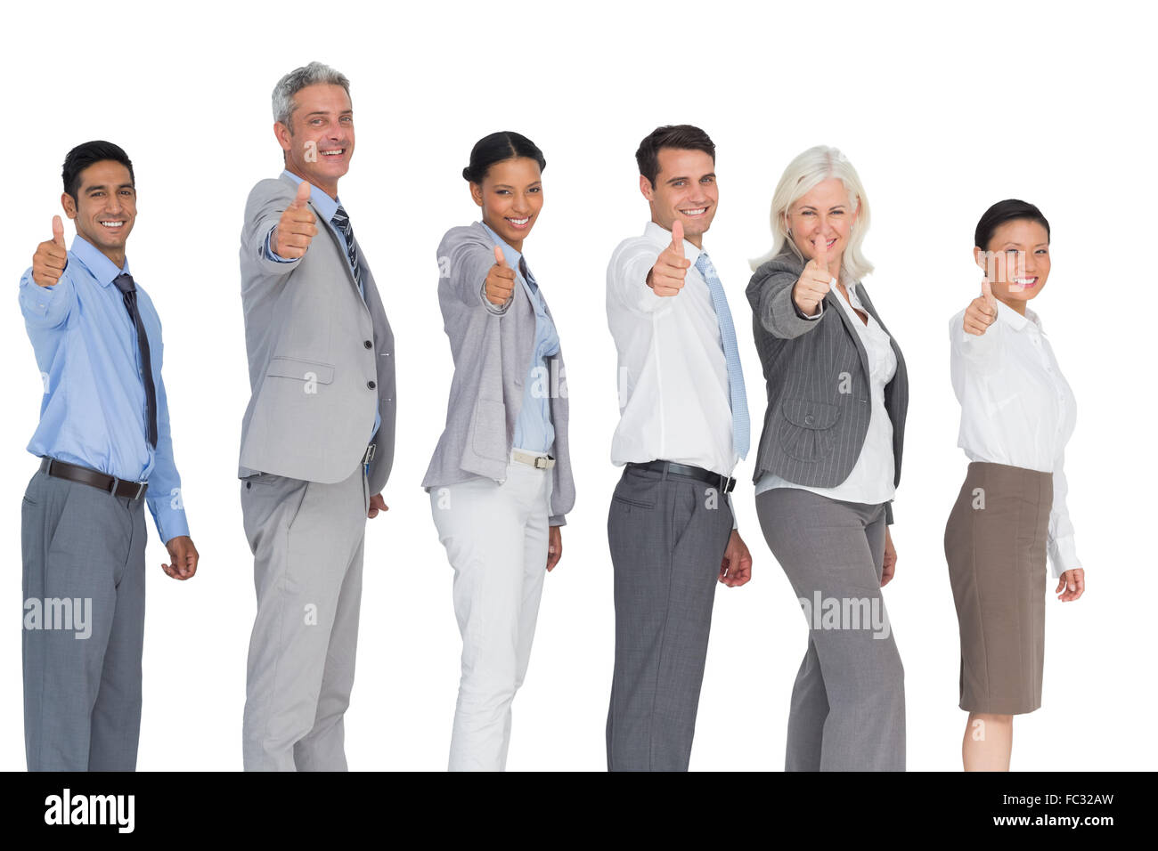 Happy business people looking at camera with thumbs up Stock Photo - Alamy