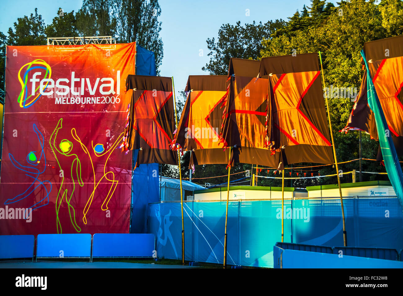 Colourful flags created by artist Angus Watt waving in the wind at Melbourne Festival, Australia Stock Photo
