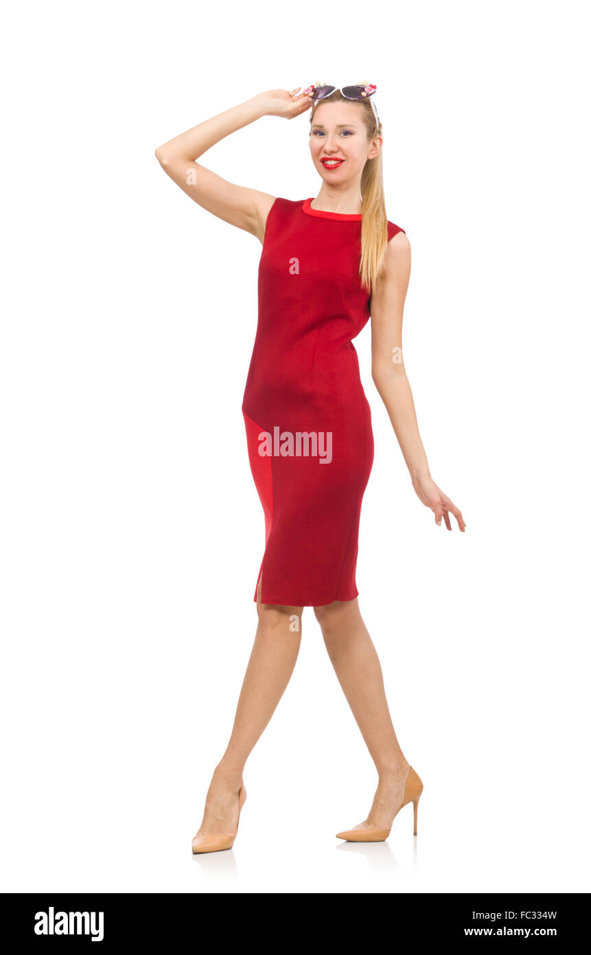 Pretty young woman in red dress isolated on white Stock Photo - Alamy
