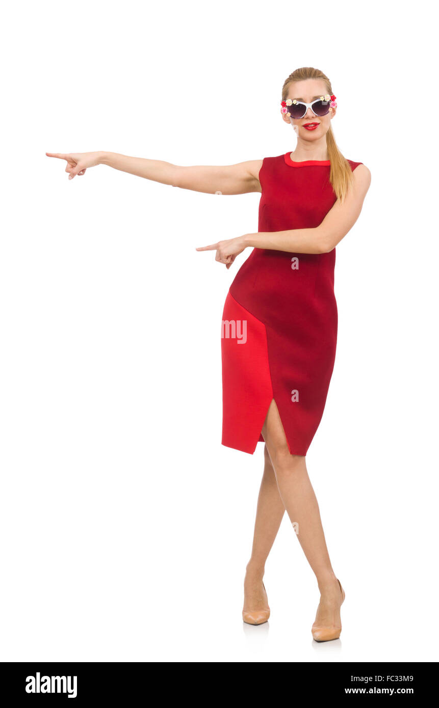 Pretty young woman in red dress isolated on white Stock Photo - Alamy