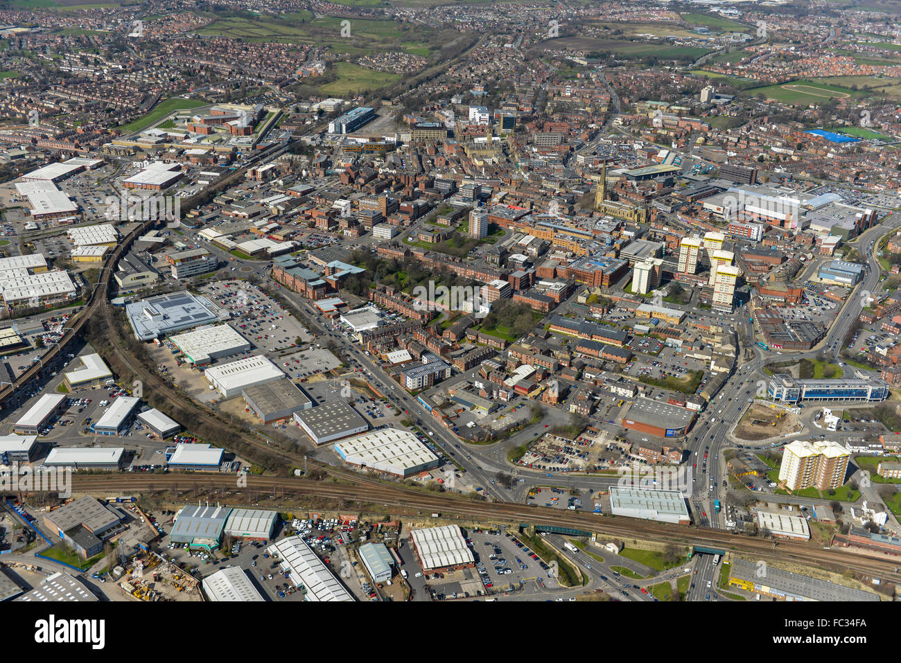 An aerial view of the city centre of Wakefield, West Yorkshire Stock Photo