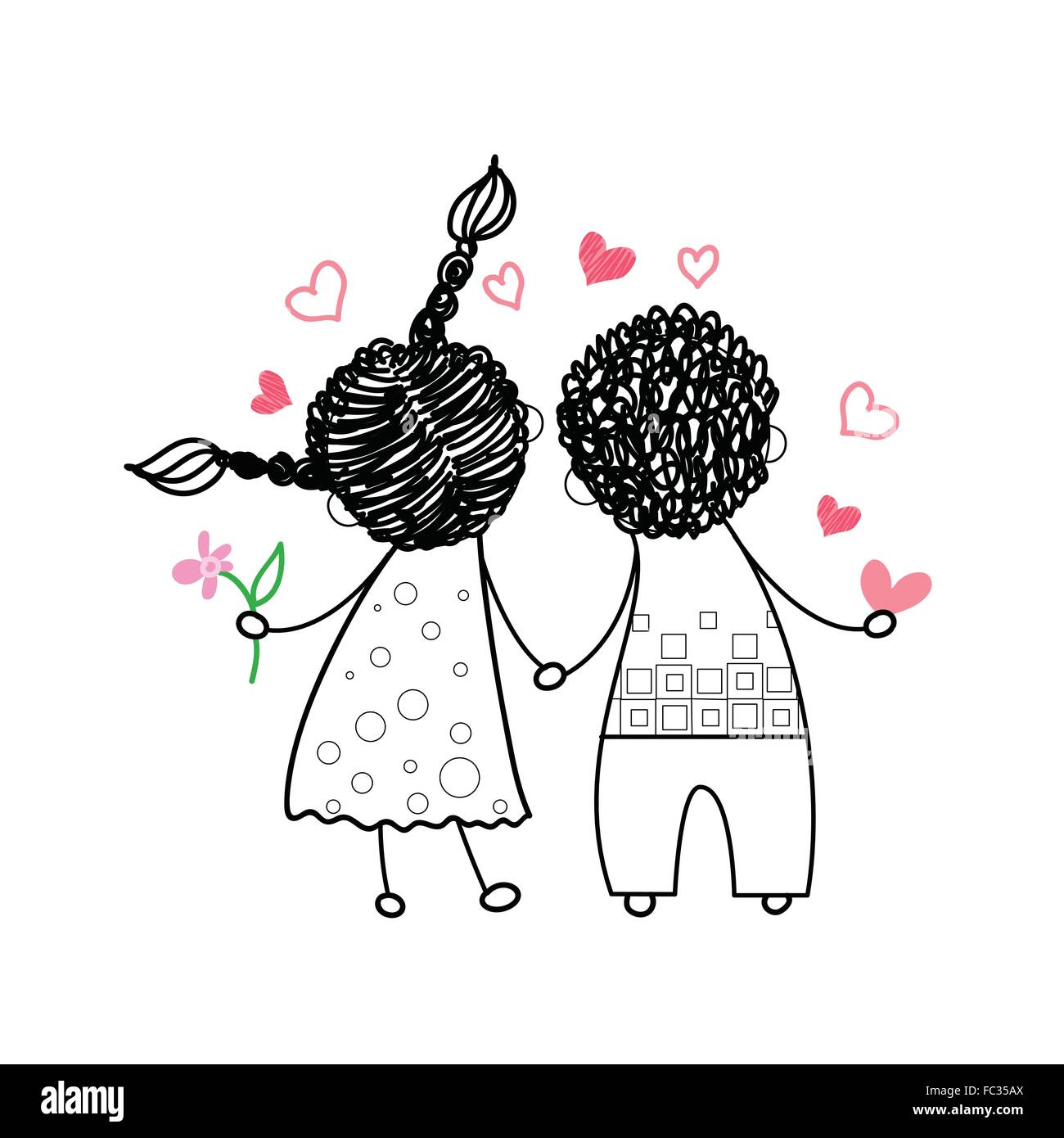 Couple Rear View Love Holding Hands Drawing Stock Vector Image