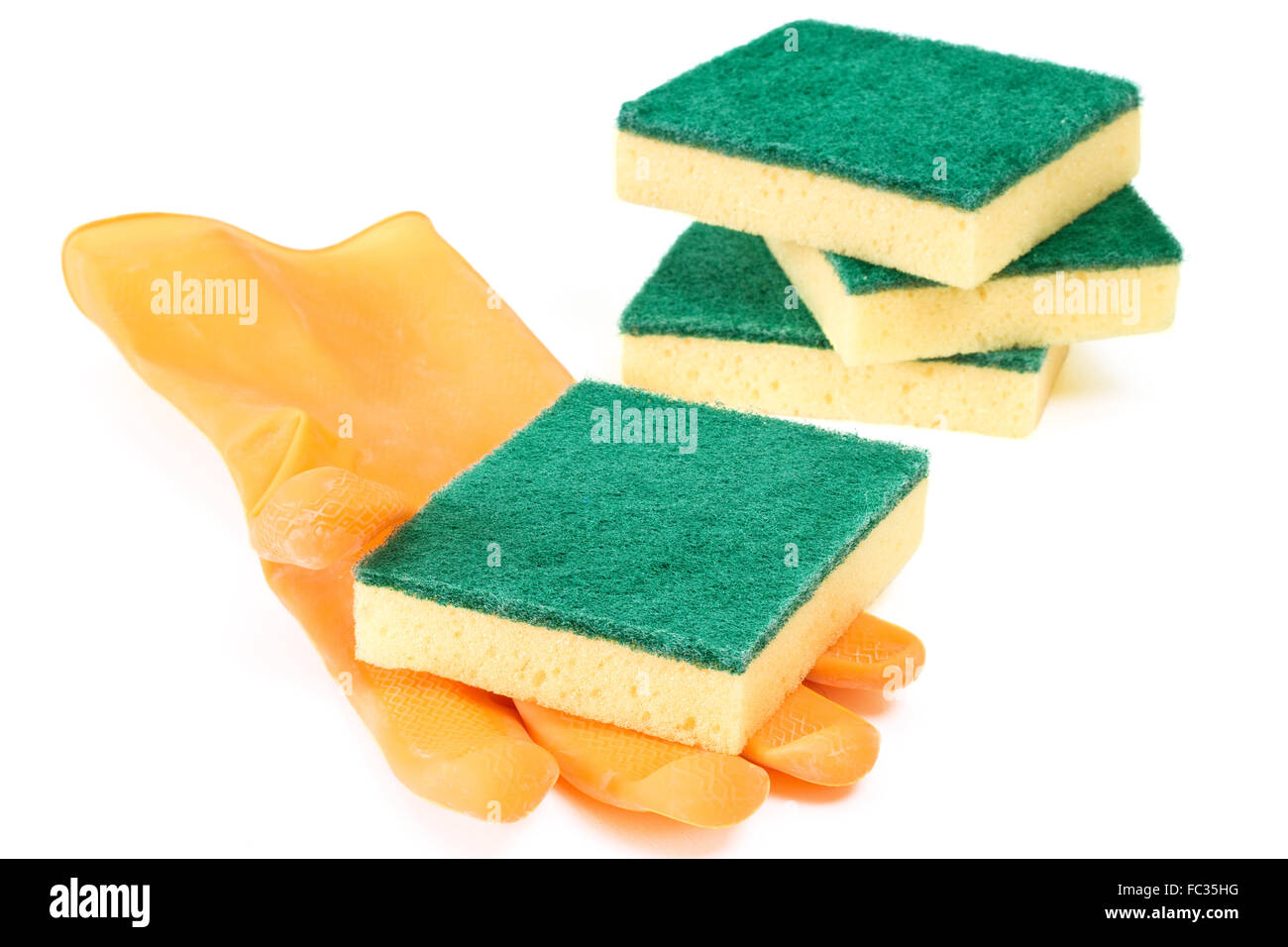 Scouring sponges with rubber glove Stock Photo Alamy