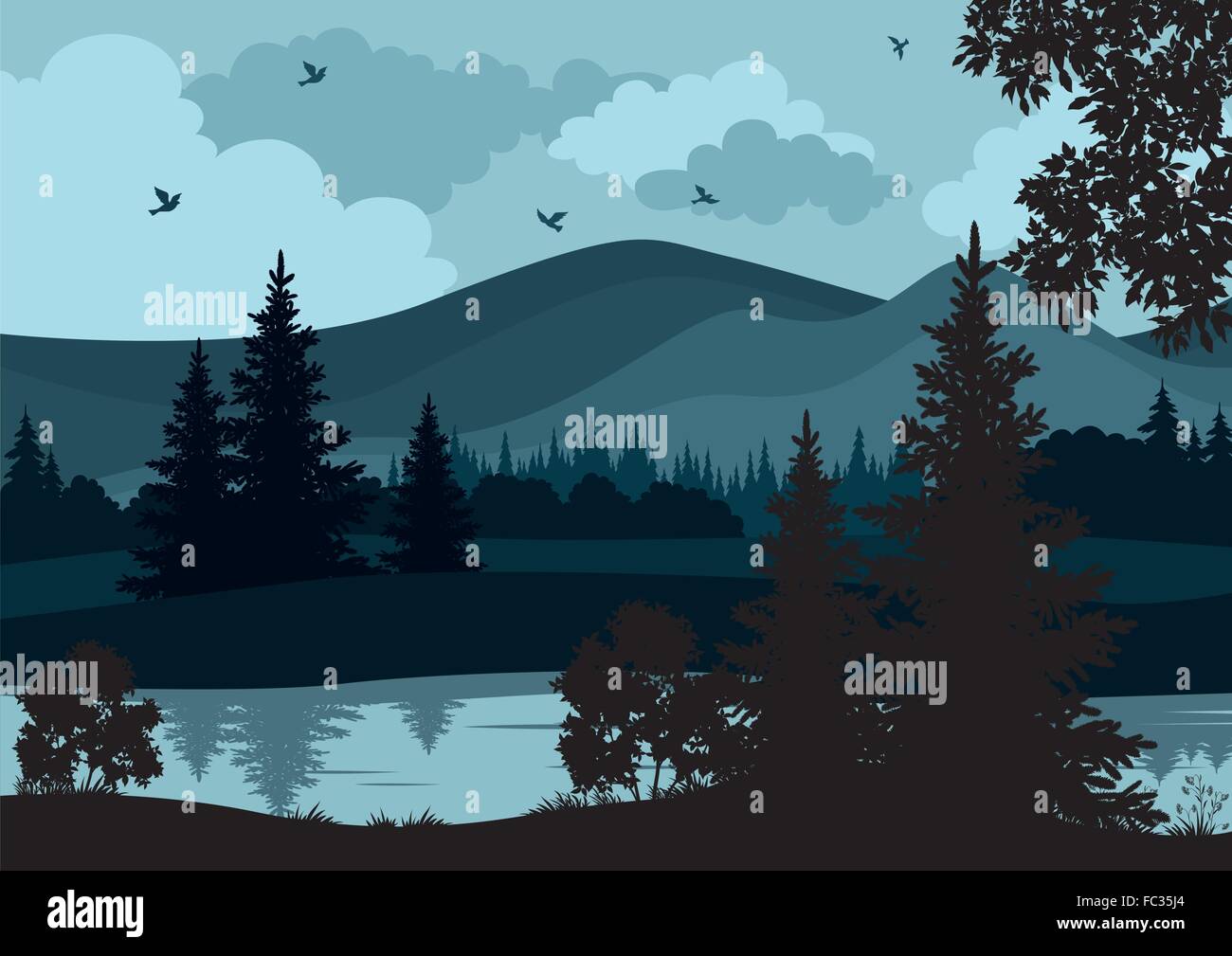 Landscape, Trees, Mountains and River Stock Vector Image & Art - Alamy