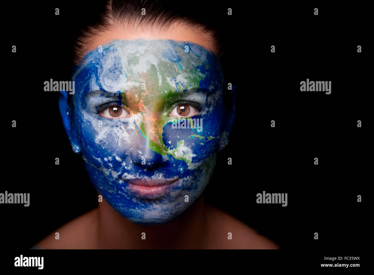 Girl With A Painted Map Of World On His Face Stock Photo Alamy
