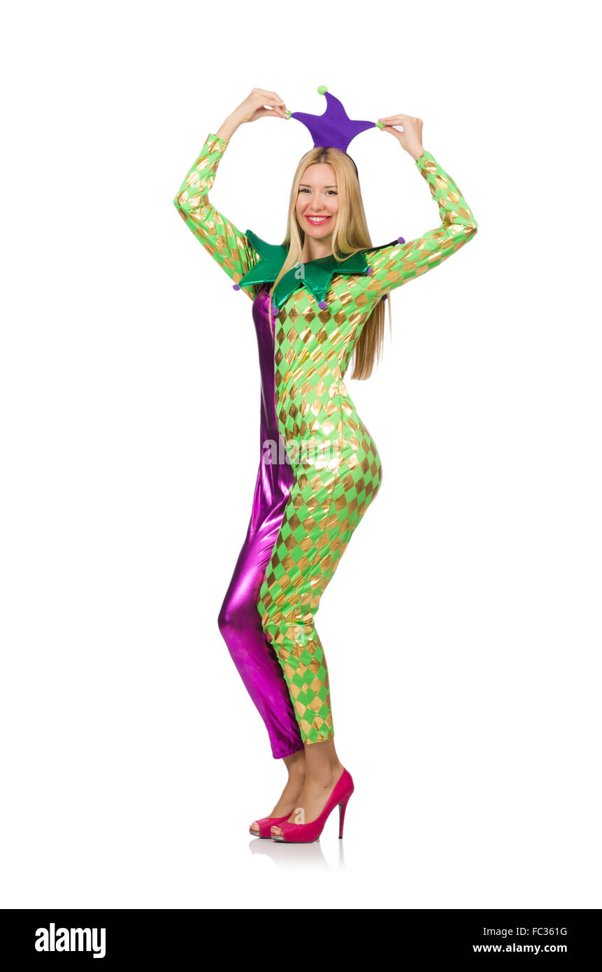 Woman wearing clown costume isolated on white Stock Photo - Alamy