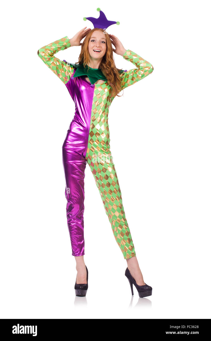 Woman wearing clown costume isolated on white Stock Photo - Alamy