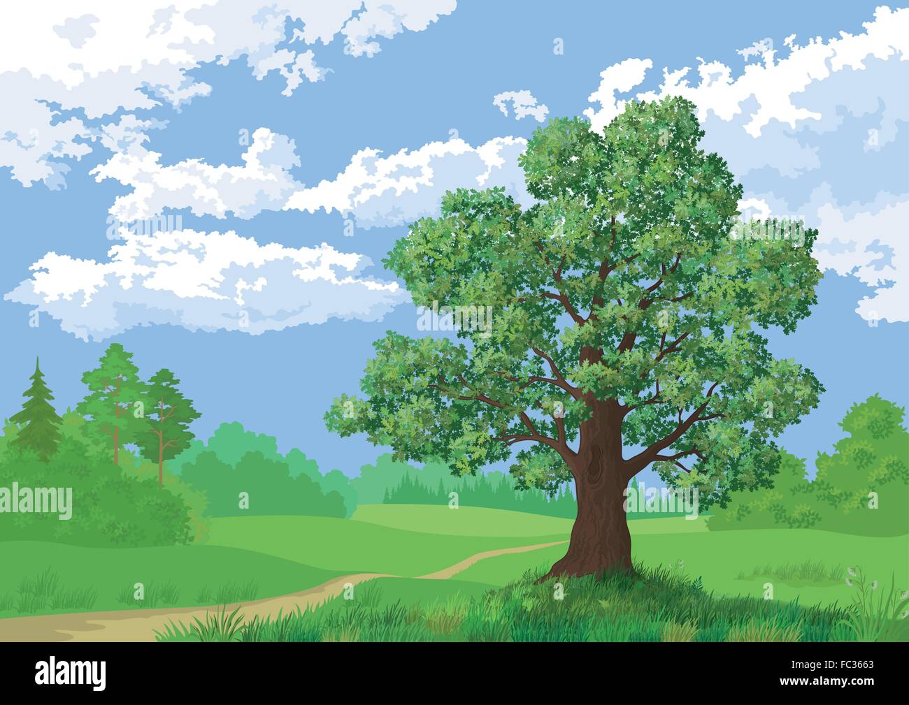 Landscape, summer forest and oak tree Stock Vector