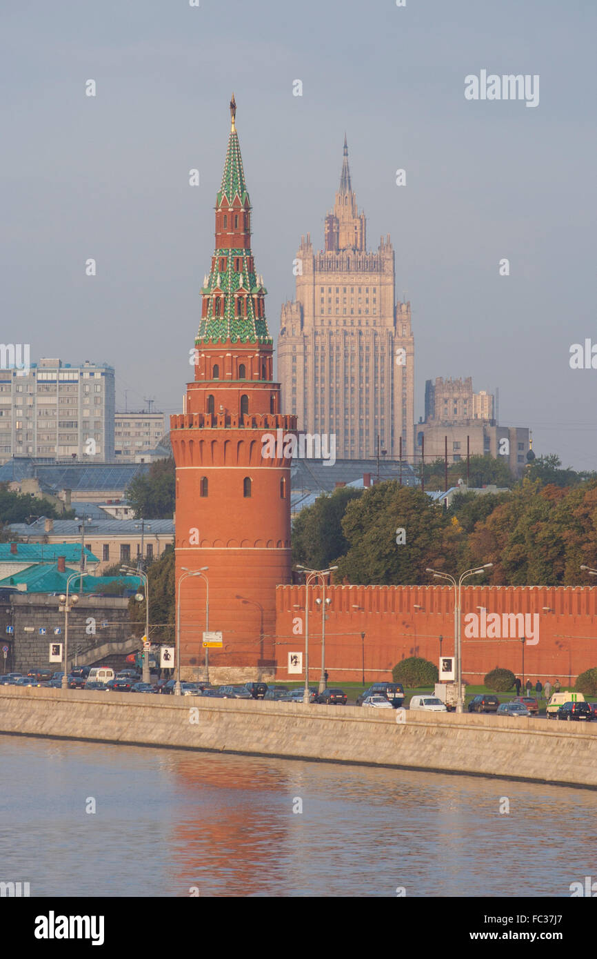 Vodovzvodnaya (water supplying tower), Kremlin wall and the Foreign Ministry, one of Stalin's Seven Sisters, Moscow, Russia Stock Photo