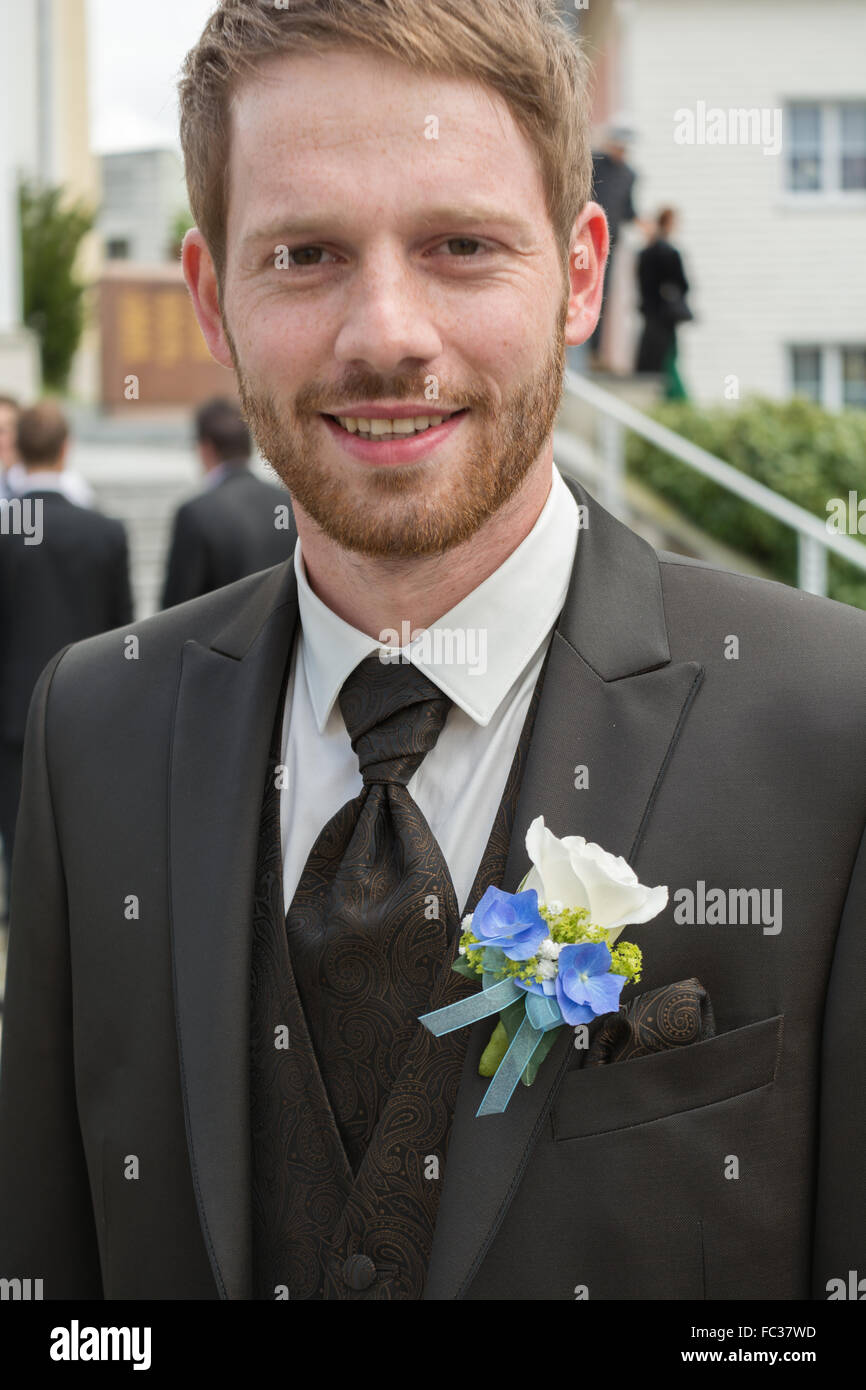 young groom with Corsage Stock Photo