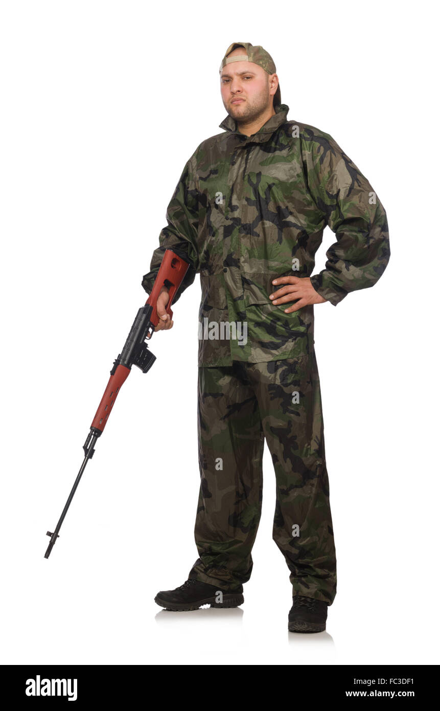 Young man in soldier uniform holding gun isolated on white Stock Photo