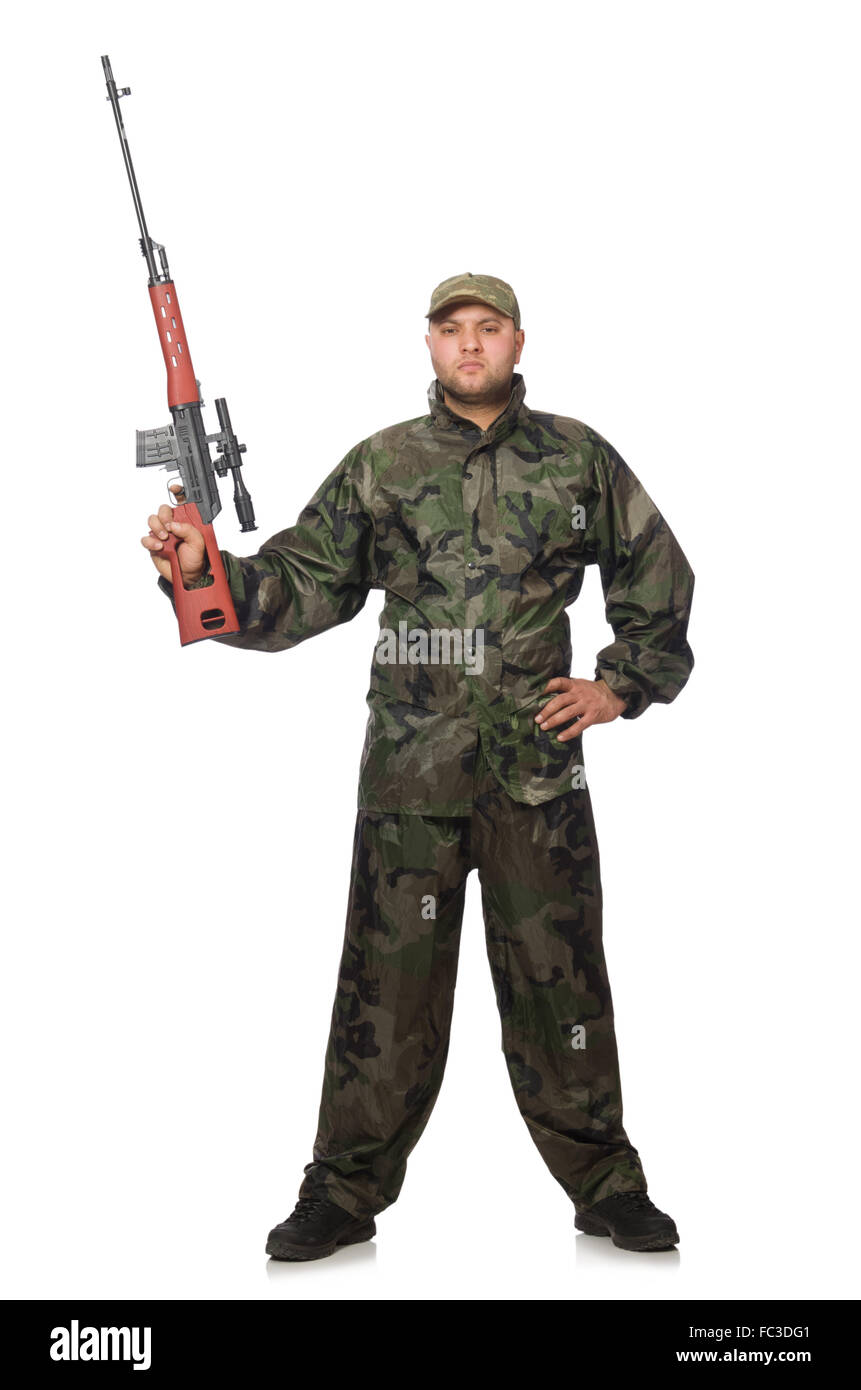 Young man in soldier uniform holding gun isolated on white Stock Photo ...