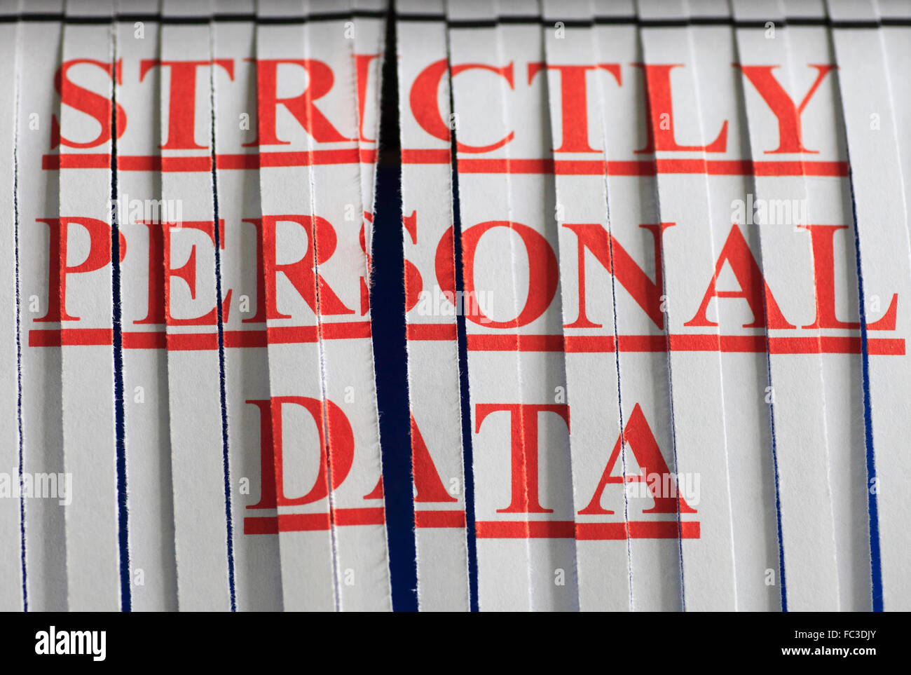 'STRICTLY PERSONAL DATA' paper through a shredder. Stock Photo