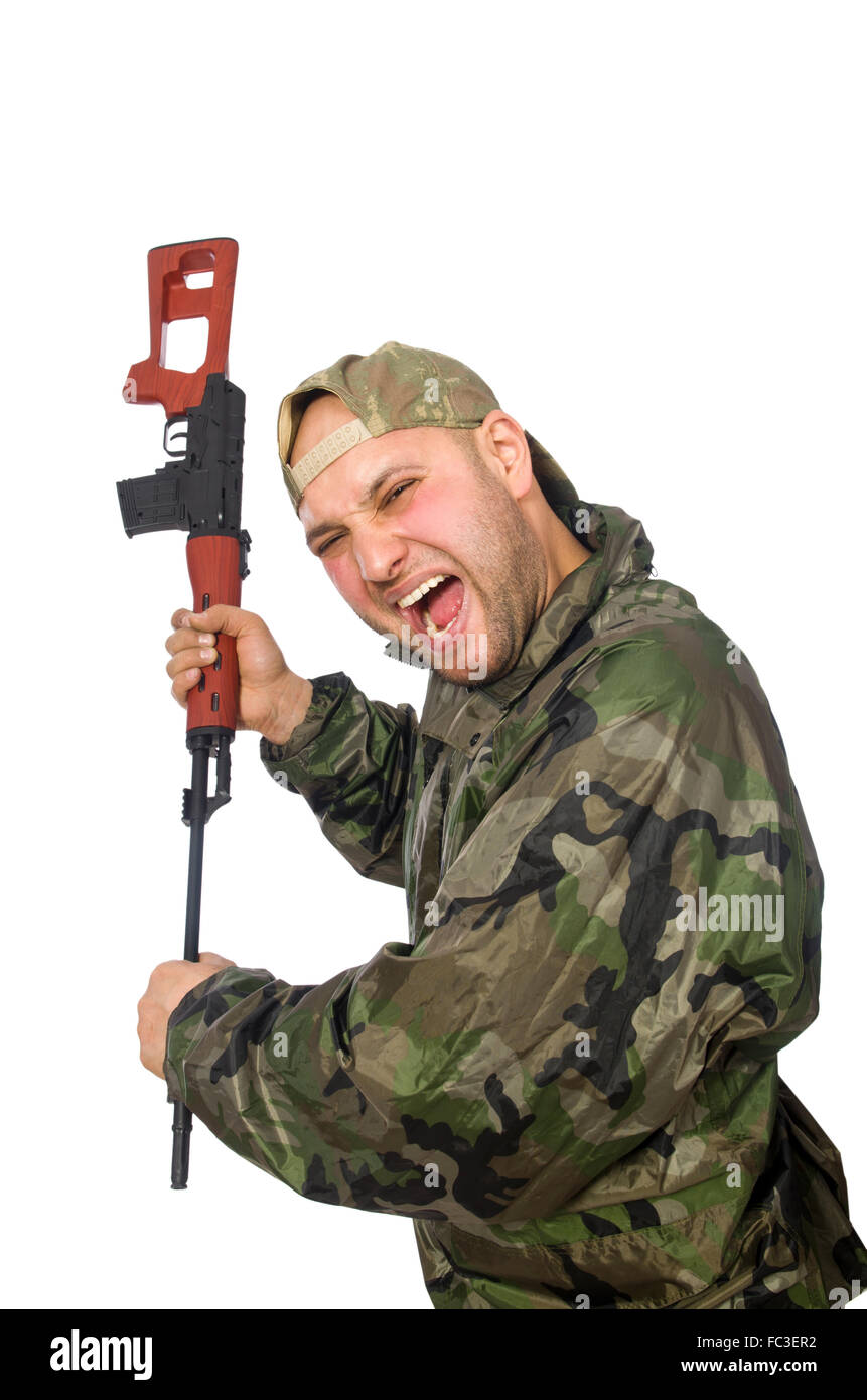 Young man in soldier uniform holding gun isolated on white Stock Photo ...