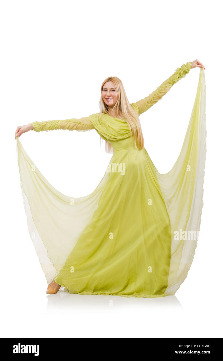 Pretty girl in elegant green dress isolated on white Stock Photo - Alamy