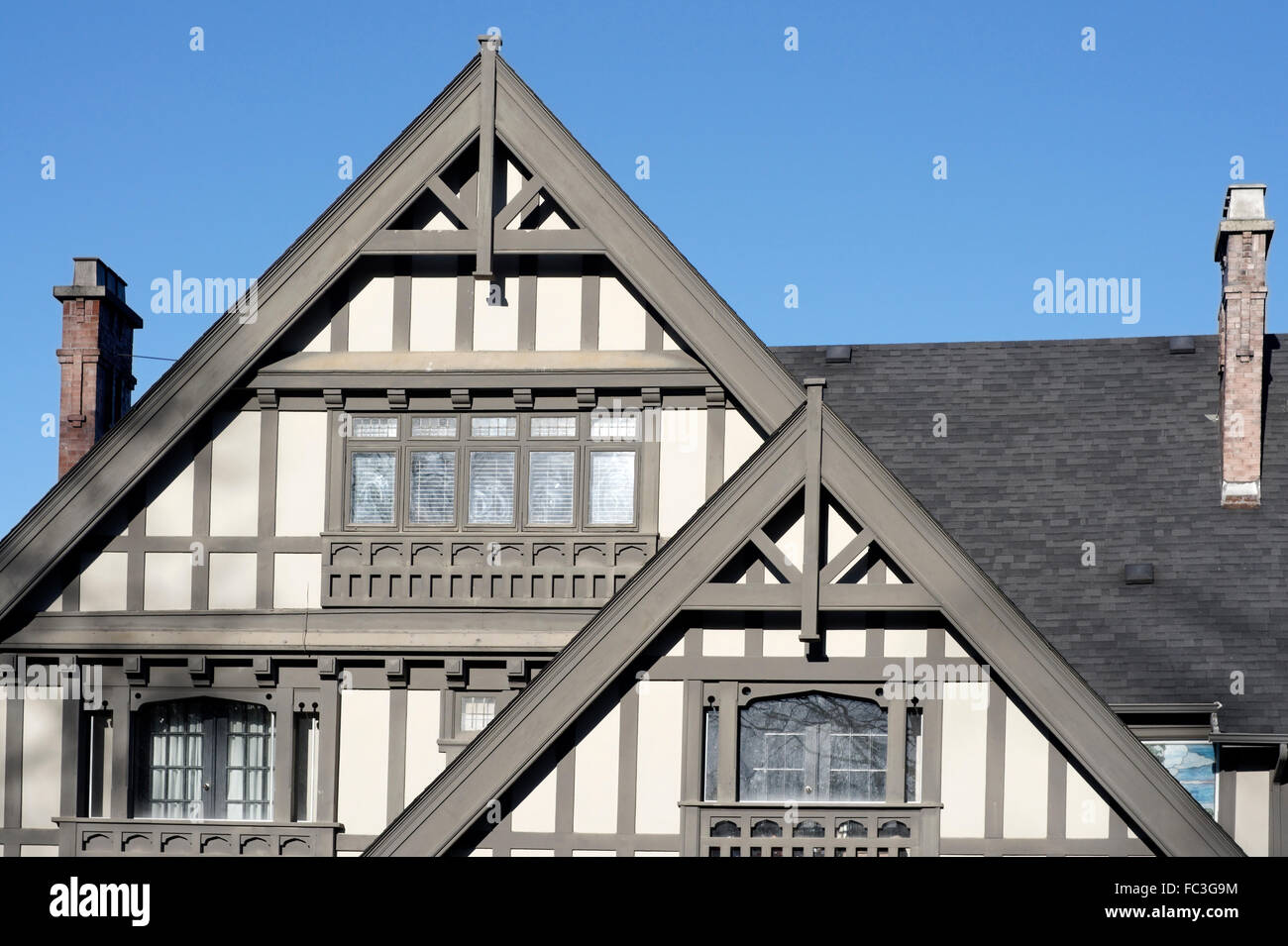 Facade of a large Tudor Revival style house in Shaughnessy neighbourhood in the city of Vancouver, BC, Canada Stock Photo