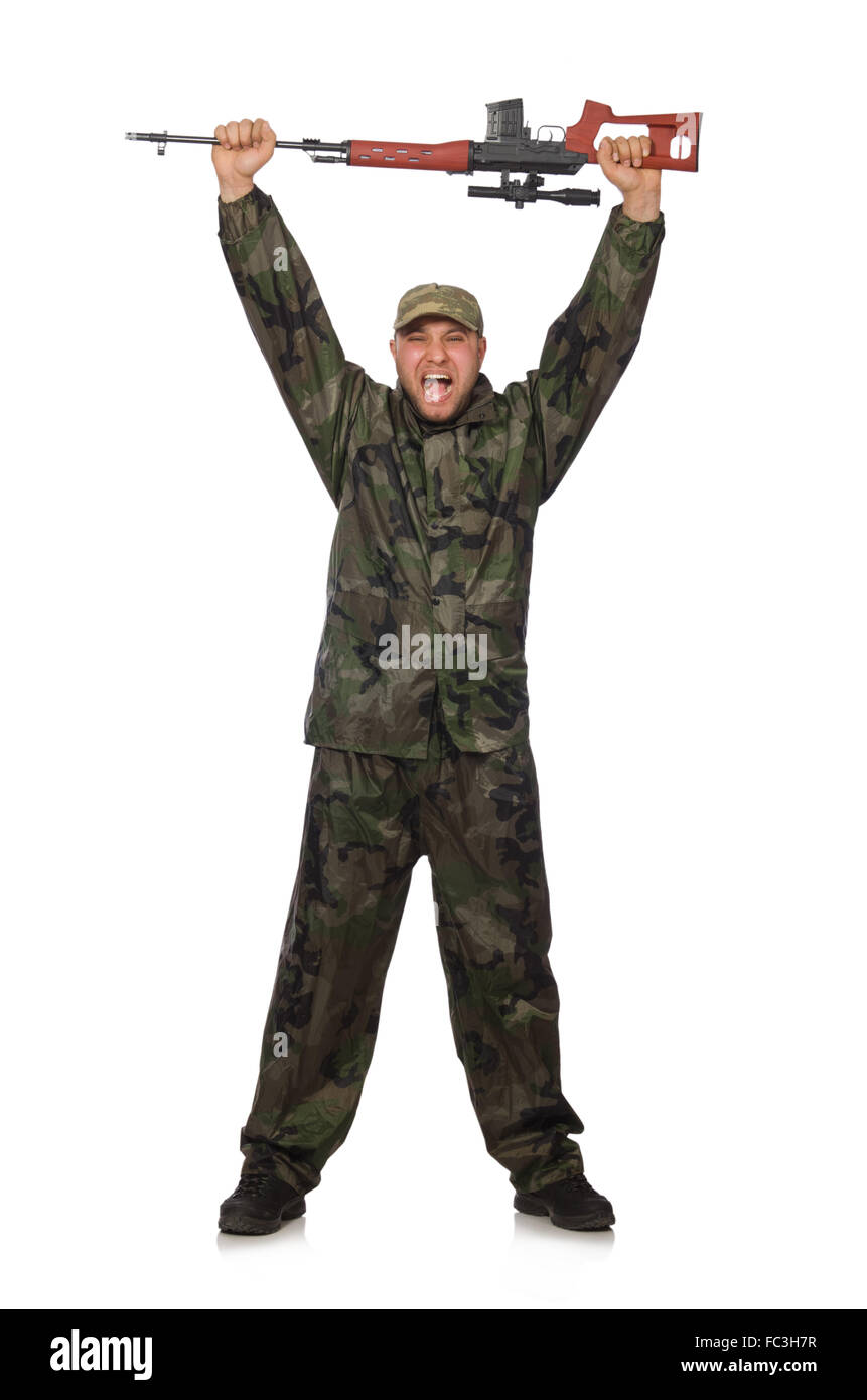 Young man in soldier uniform holding gun isolated on white Stock Photo ...