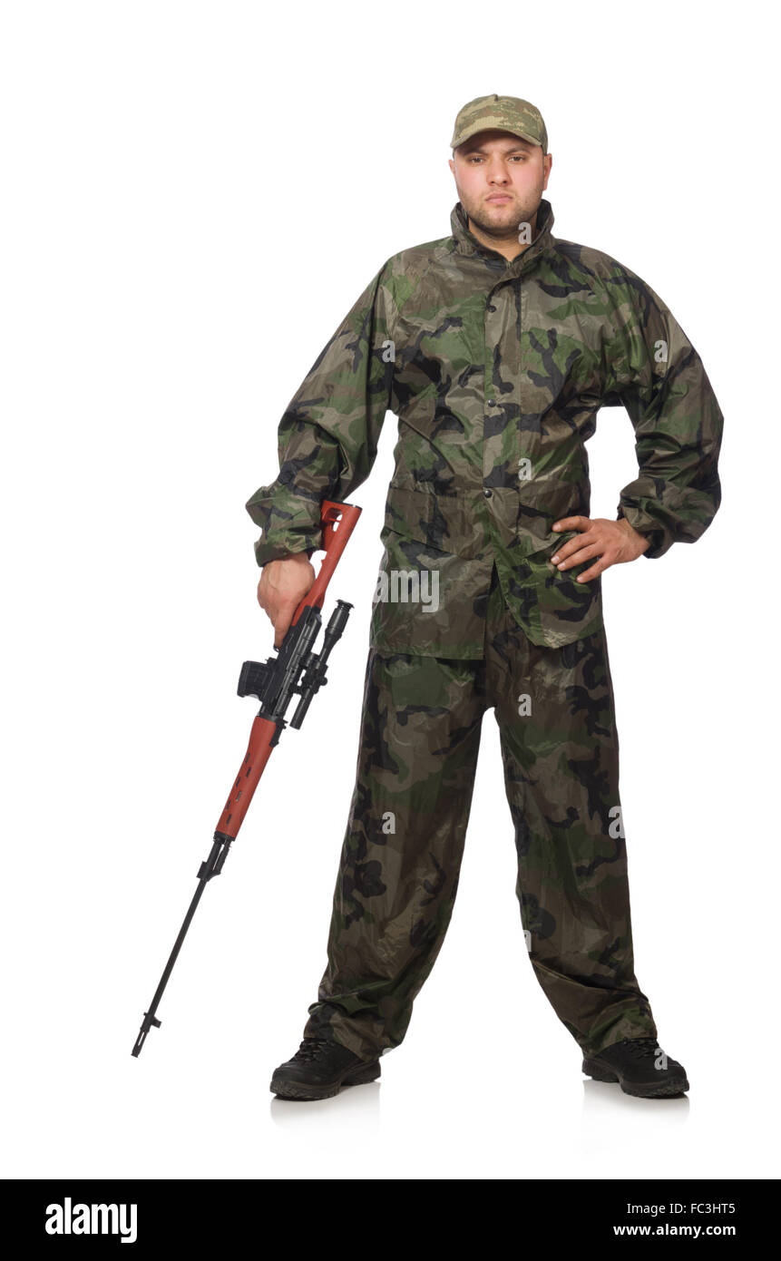Young man in soldier uniform holding gun isolated on white Stock Photo