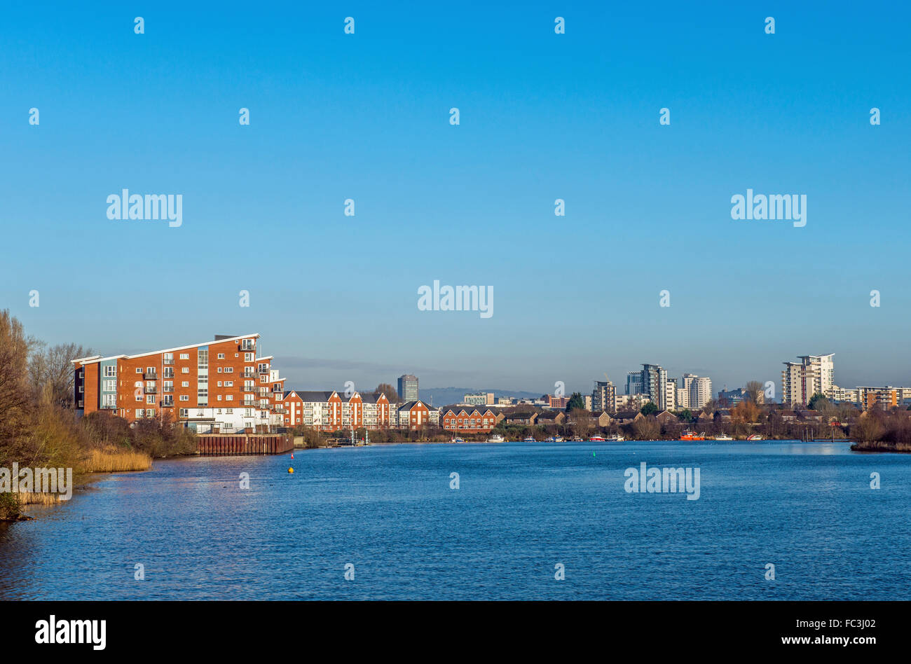 View of the city of Cardiff looking towards the city from the River Taff, south Wales Stock Photo